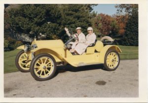 Christmas card image: Mr. and Mrs. Lilly in 1915 Stutz Bearcat, 1967 courtesy of Heritage Museums & Garden archive